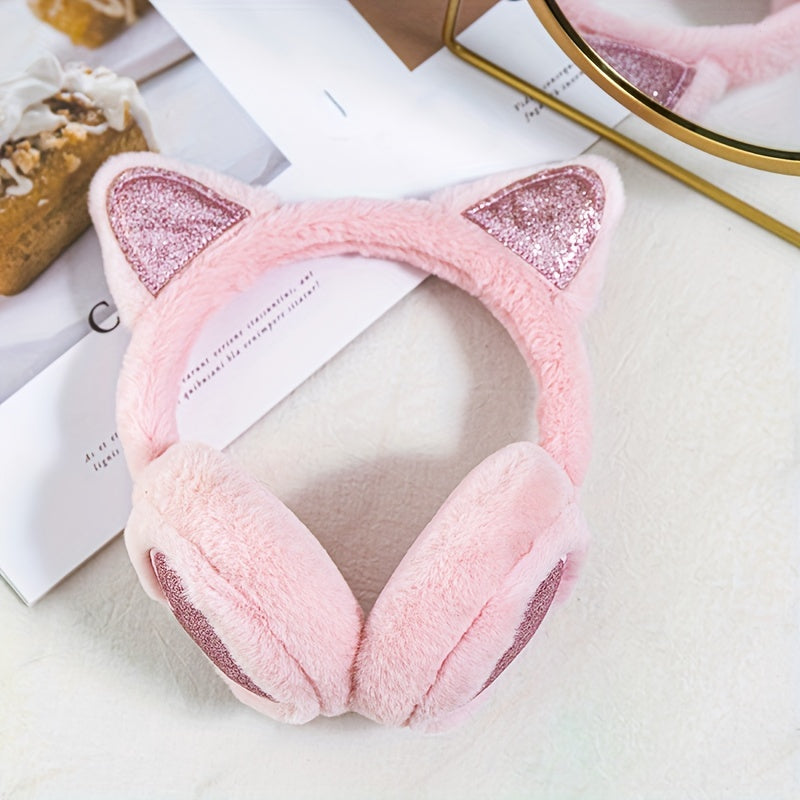 Sequin Peach Heart Cat Ears Earmuffs Plush Winter Warm Ear Cover