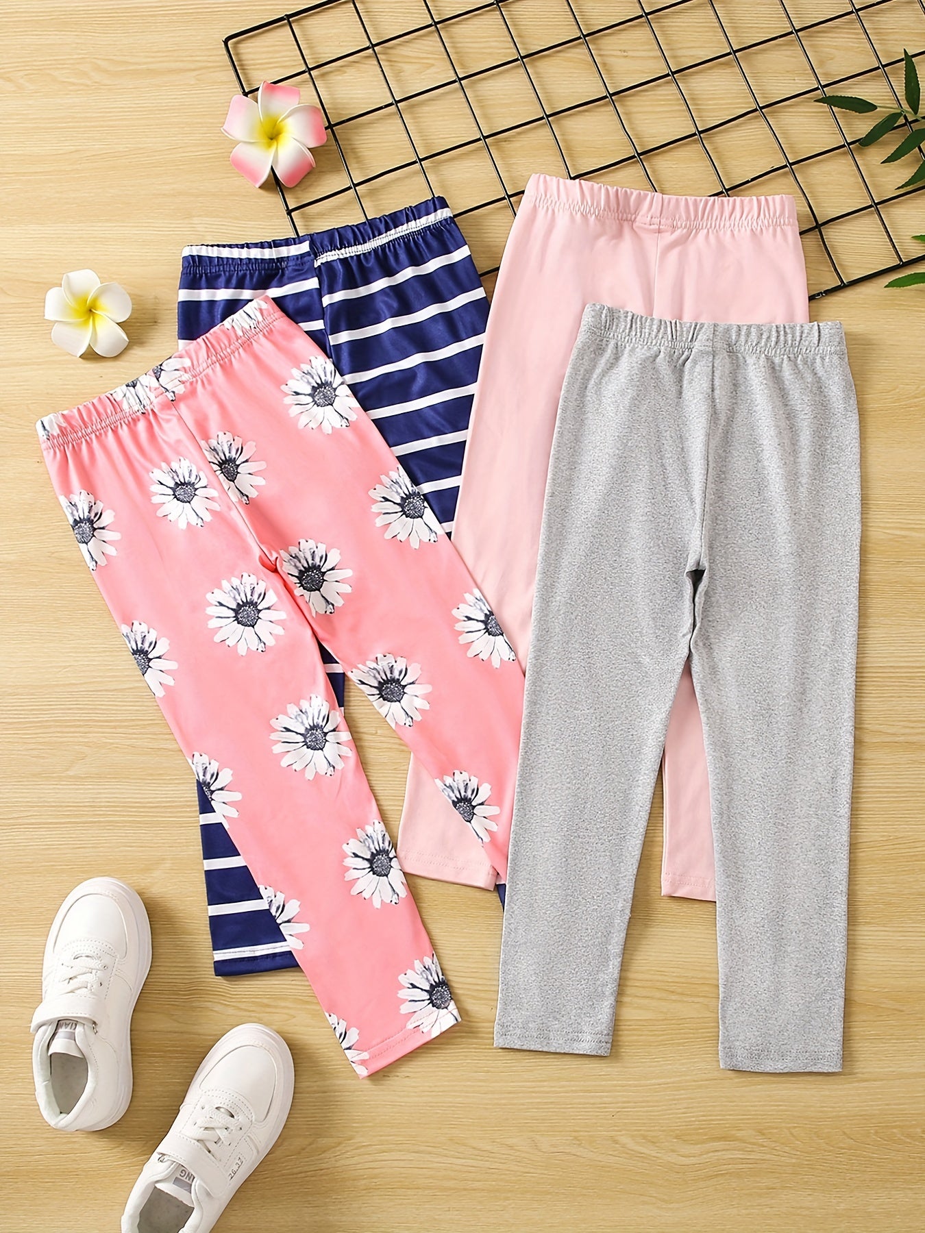 4pcs Girls Floral Striped Leggings Pants Casual & Stretch