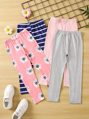 4pcs Girls Floral Striped Leggings Pants Casual & Stretch