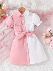 Girls Causal Block Puff Sleeve Button Down Lapel Dress With Belt