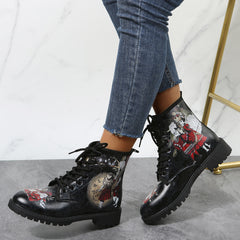 Rabbit & Figure Graphic Lace Up Combat Boots Women's Ankle Boots