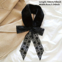 Rabbit Fur Neck Scarf Lace Small Scarf Bow Tie Solid Warm For Women