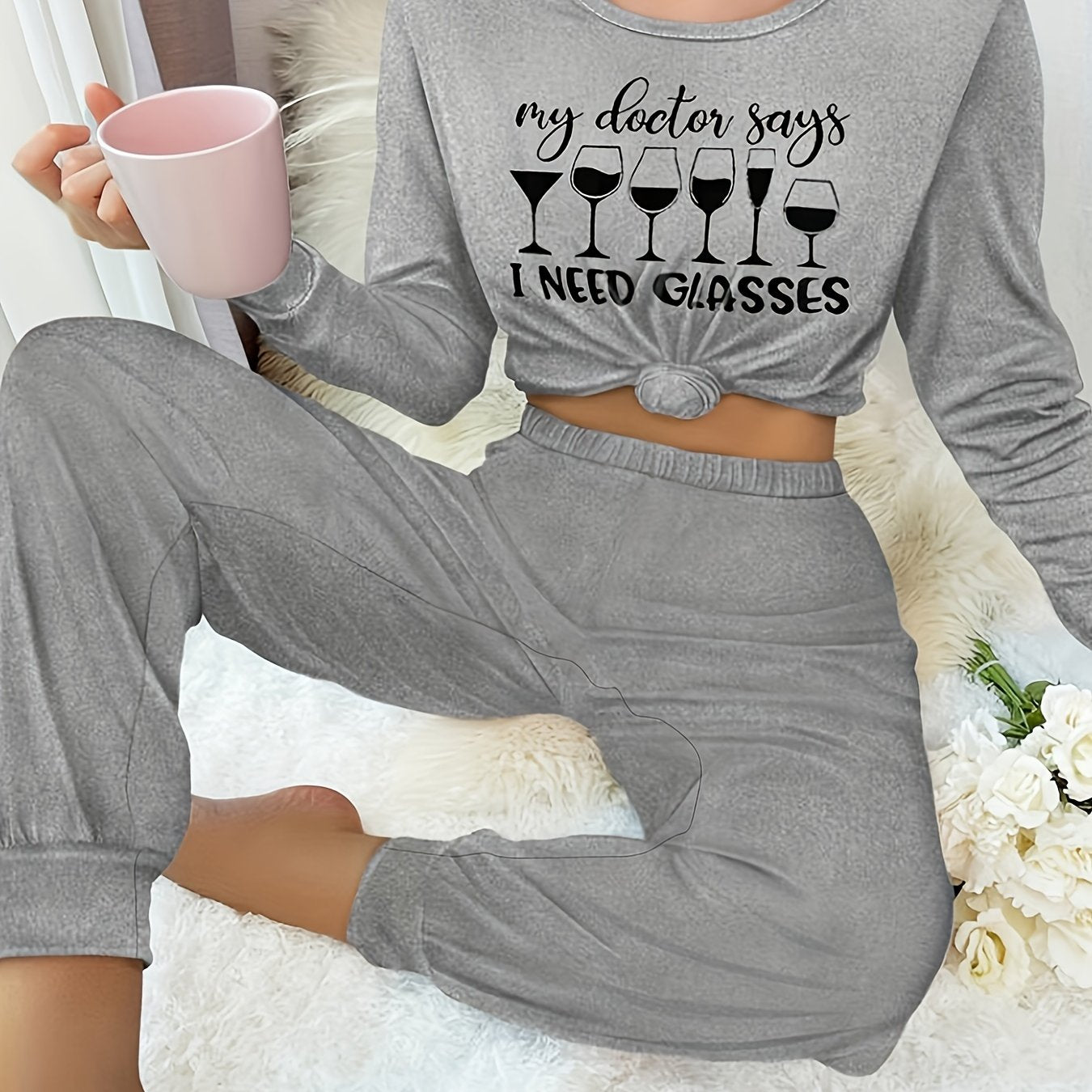 Letter Print Lounge Set Crew Neck Top & Pants Women's Sleepwear