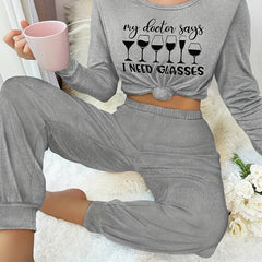 Letter Print Lounge Set Crew Neck Top & Pants Women's Sleepwear