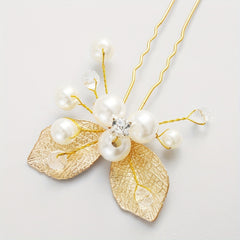 Golden Leaf Rhinestone Pearl Hairpin Bridal Bobby Pin Wedding Hair Accessories