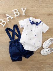 Baby Boys Sailboat Print Short Sleeve Onesie & Suspender Shorts Set