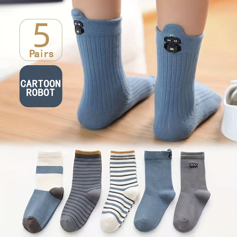 Boys Robot Pattern Striped Crew Socks for Autumn Winter