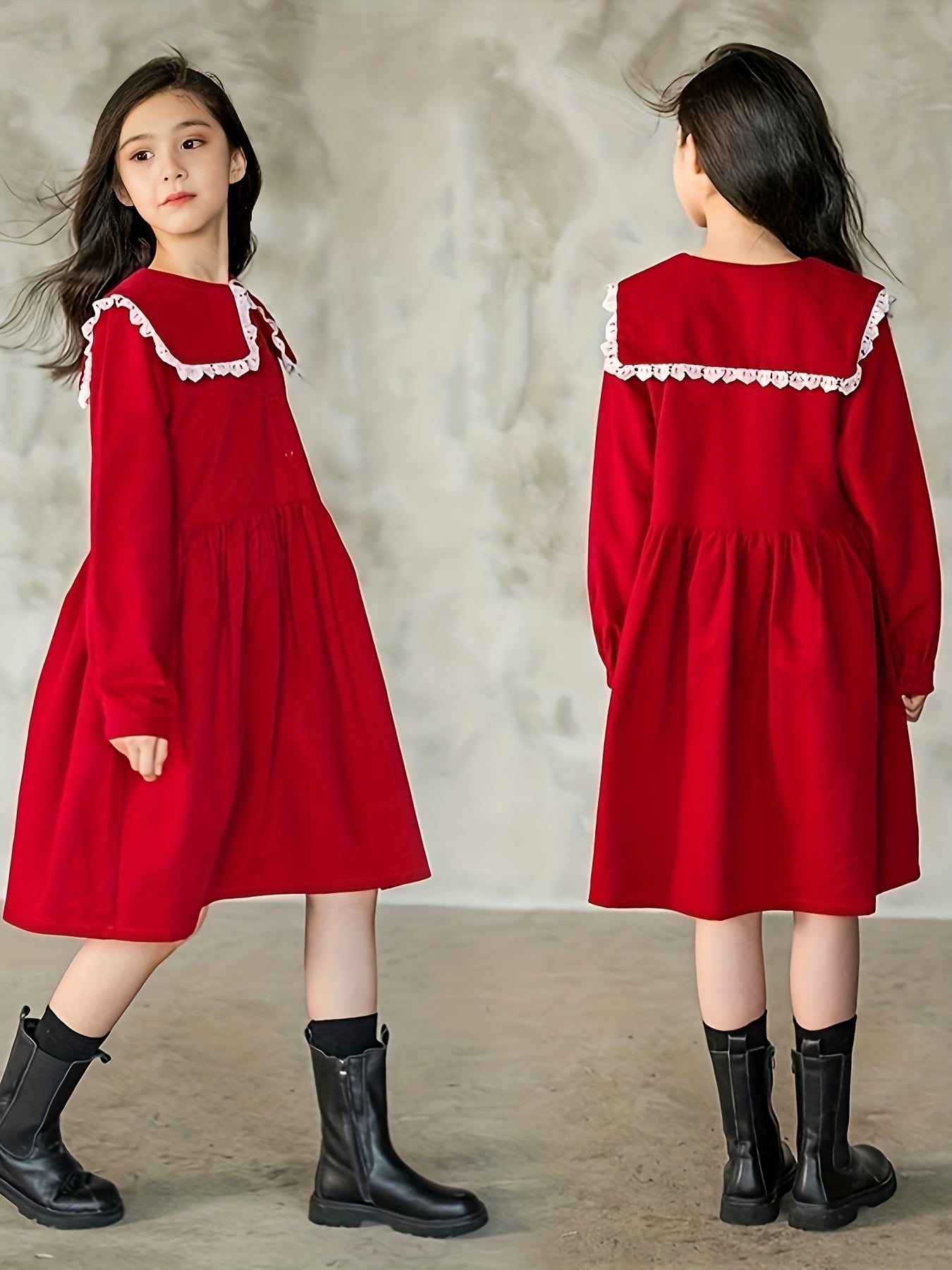 Girls Cotton Collar Dress Preppy Style Dresses For Party