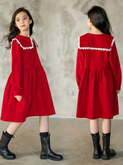 Girls Cotton Collar Dress Preppy Style Dresses For Party
