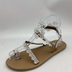 Women's Floral Lace Flat Sandals Boho Style Toe Loop Slip On Shoes