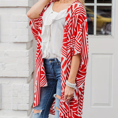 Geometrical Print Cover Up Shirt V Neck Half Sleeves Semi Sheer Loose Fit Cardig
