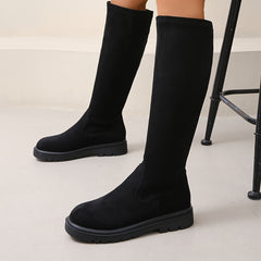 Women's Stretch Knee High Boots Solid Round Toe Pull On Long Boots Comfort