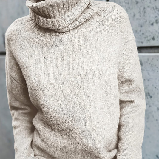 Solid Turtleneck Sweater Split Warm Knitted Jumper