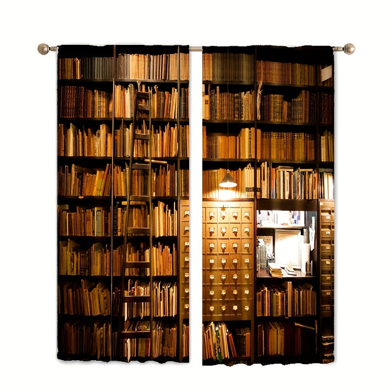 2pcs Bookshelf Print Curtains for Study Room Rod Pocket Window Drapes