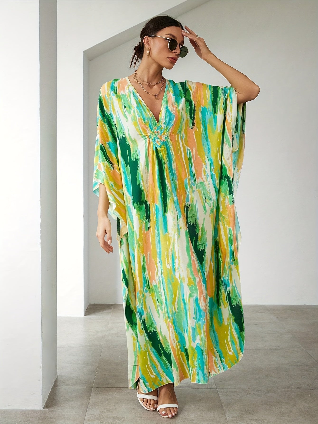 Boho Tie Dye Beach Cover Up Batwing Sleeves V Neck Split Loose Fit