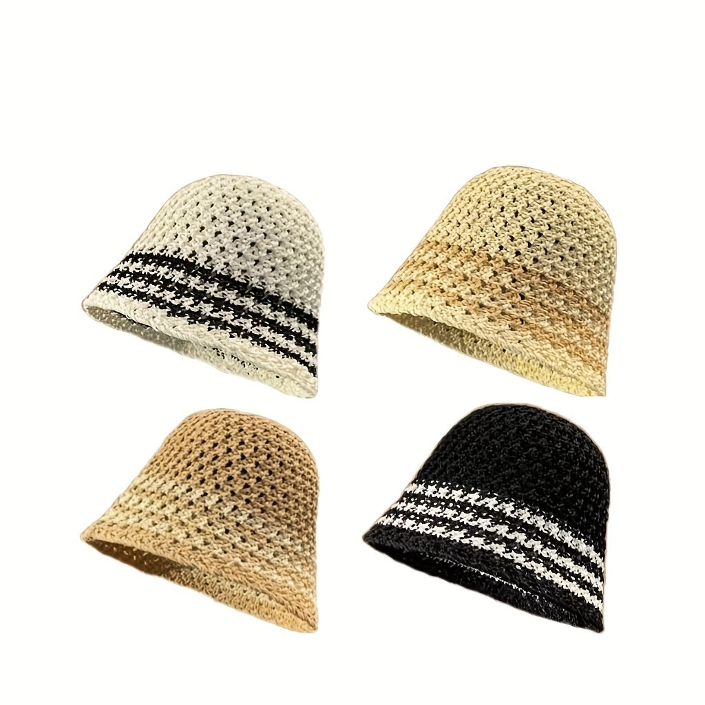 Hollow Crochet Breathable Bucket Hat Straw Cloche Hats Outdoor Travel Beach Hat