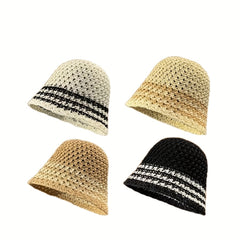 Hollow Crochet Breathable Bucket Hat Straw Cloche Hats Outdoor Travel Beach Hat