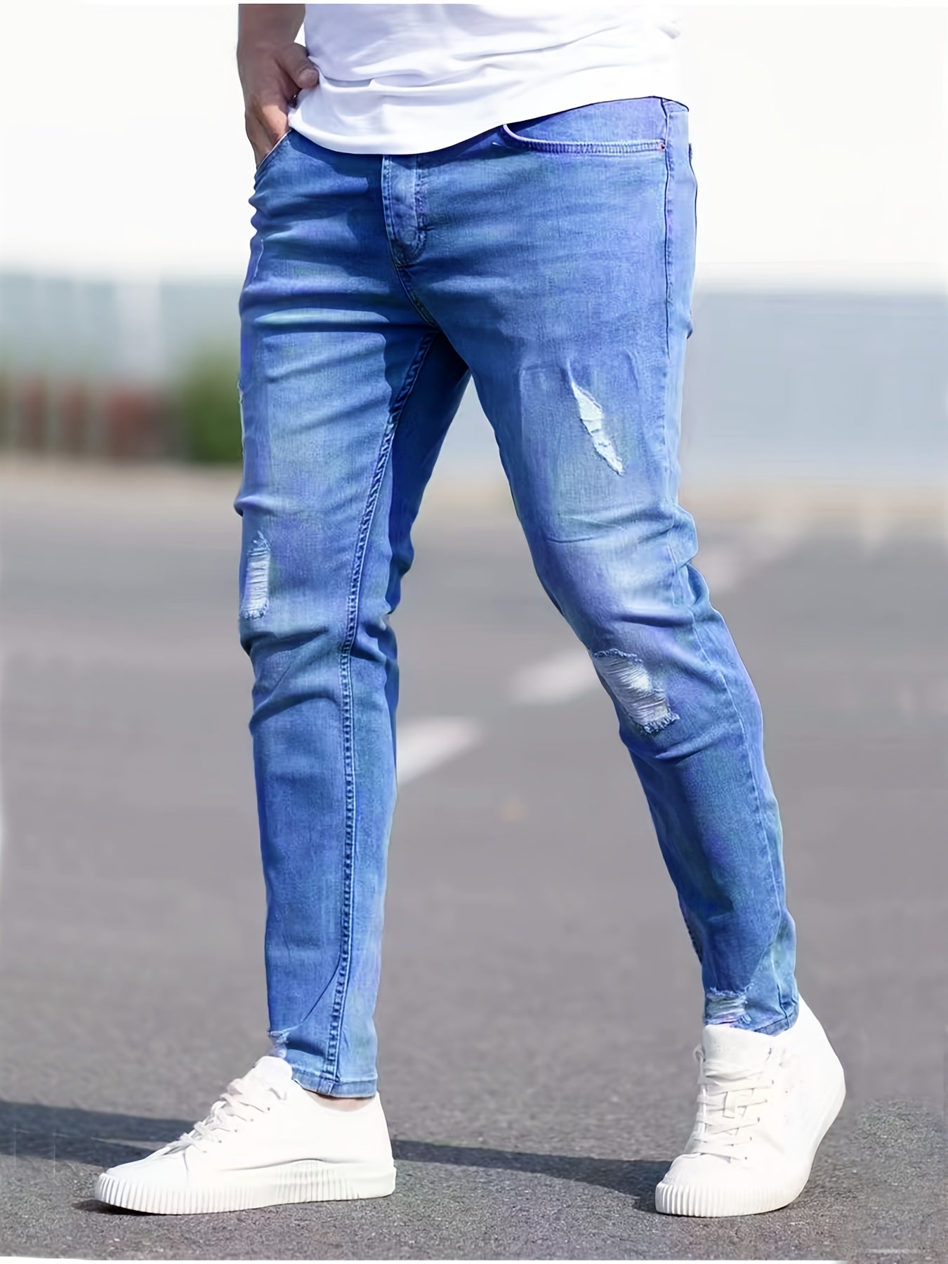 Slim Fit Ripped Jeans Mens Distressed Stretch Denim Pants