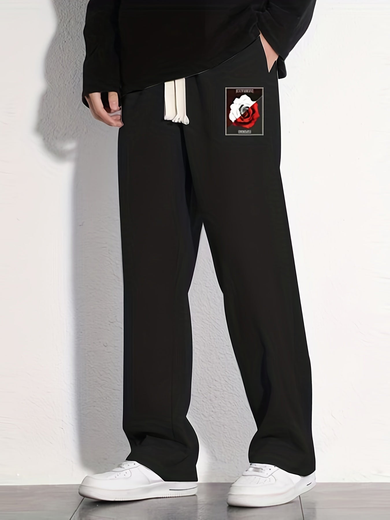 Rose Pattern Joggers Men's Casual Loose Fit Drawstring Pants Spring Summer