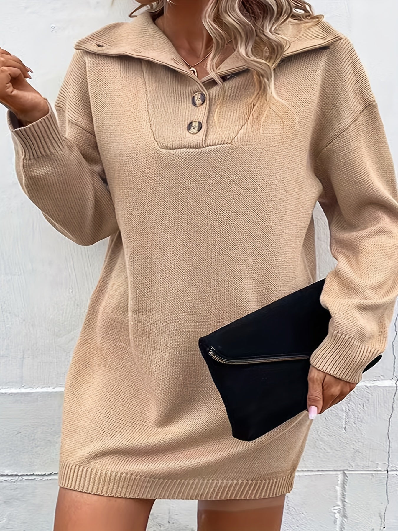 Plus Size Casual Sweater Dress Women's Plus Solid Half Button Turn Down Collar