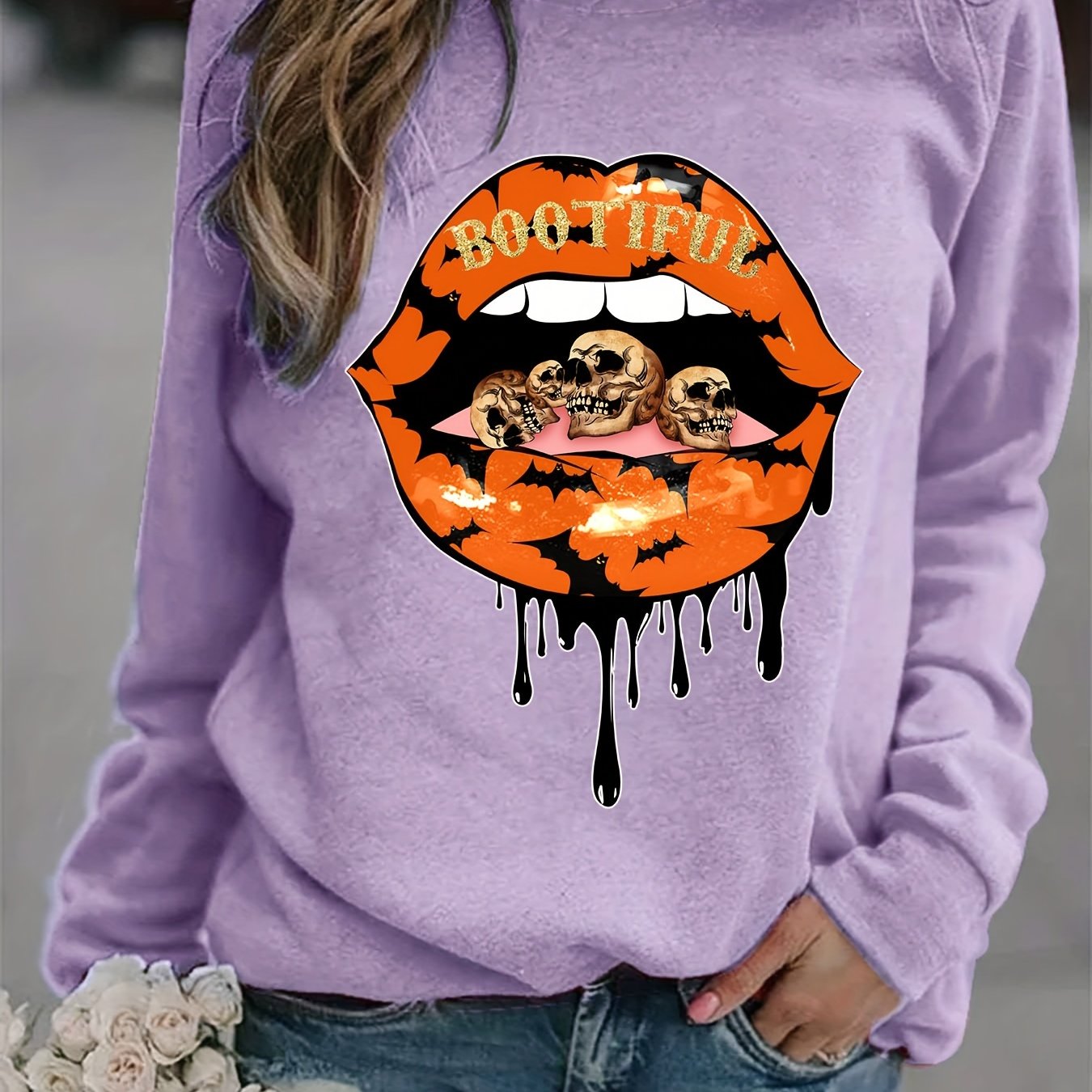 Lip Print Sweatshirt Long Sleeve Crew Neck Casual Pullover