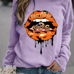 Lip Print Sweatshirt Long Sleeve Crew Neck Casual Pullover