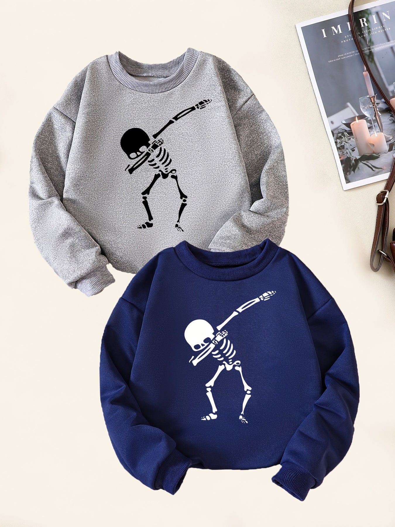2pcs Skeleton Dancing Print Boys Sweatshirt Long Sleeve Crew Neck Tops