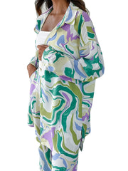 Women's Plus Marble Print Long Sleeve Button Up Shirt & Wide Leg Pants Set