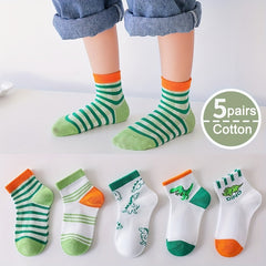 5 Pairs Boys Dino Print Crew Socks Thin Breathable Striped Casual Knit Socks