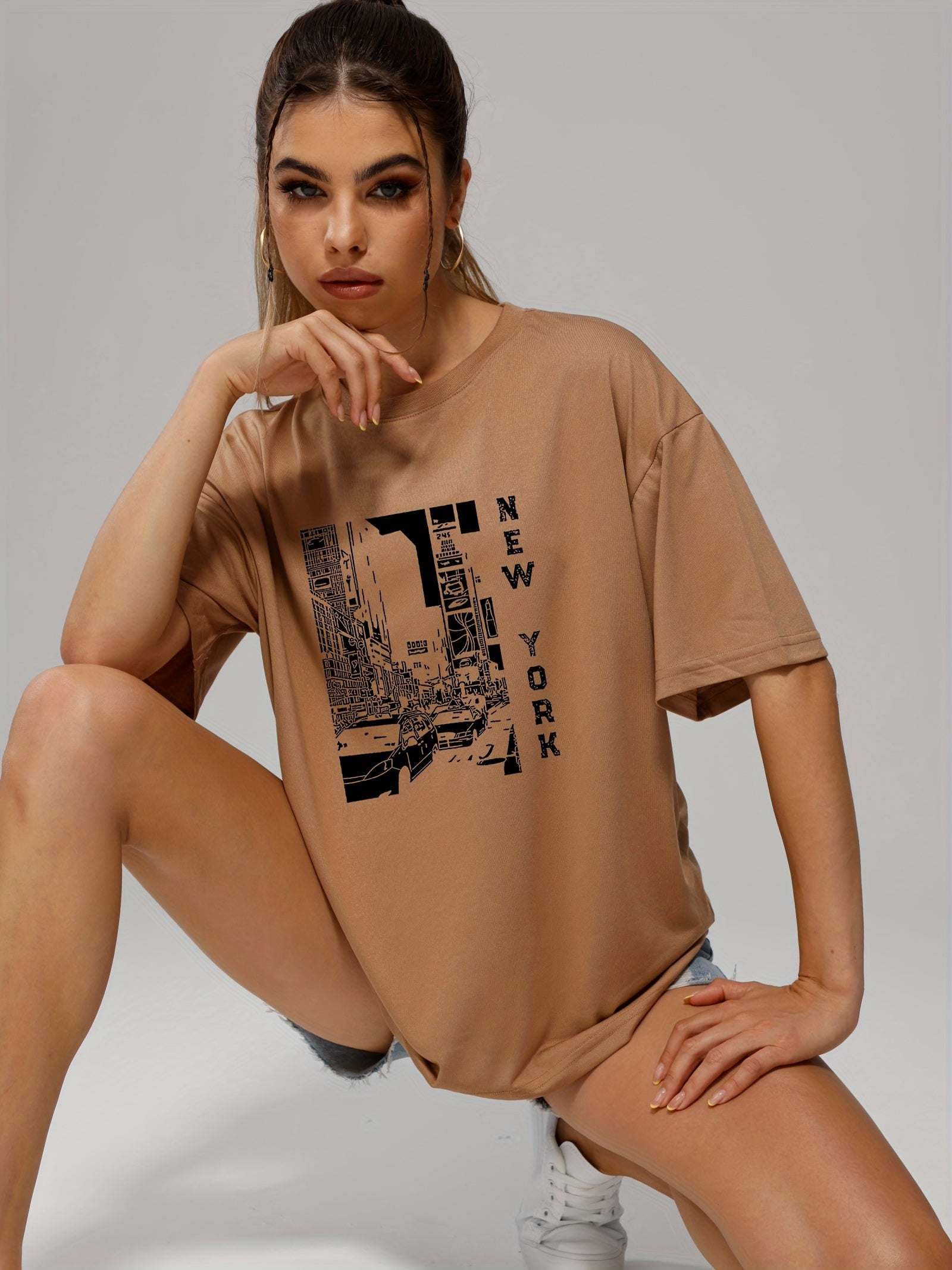 Retro Letter Print Pullover Tee Short Sleeve Shirt