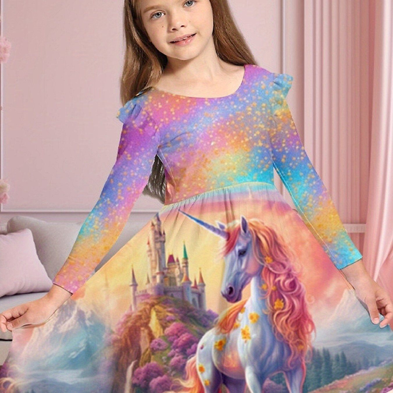 Sweet Unicorn Print Crew Neck Flutter Trim Long Sleeve Dress