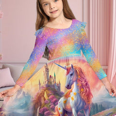 Sweet Unicorn Print Crew Neck Flutter Trim Long Sleeve Dress