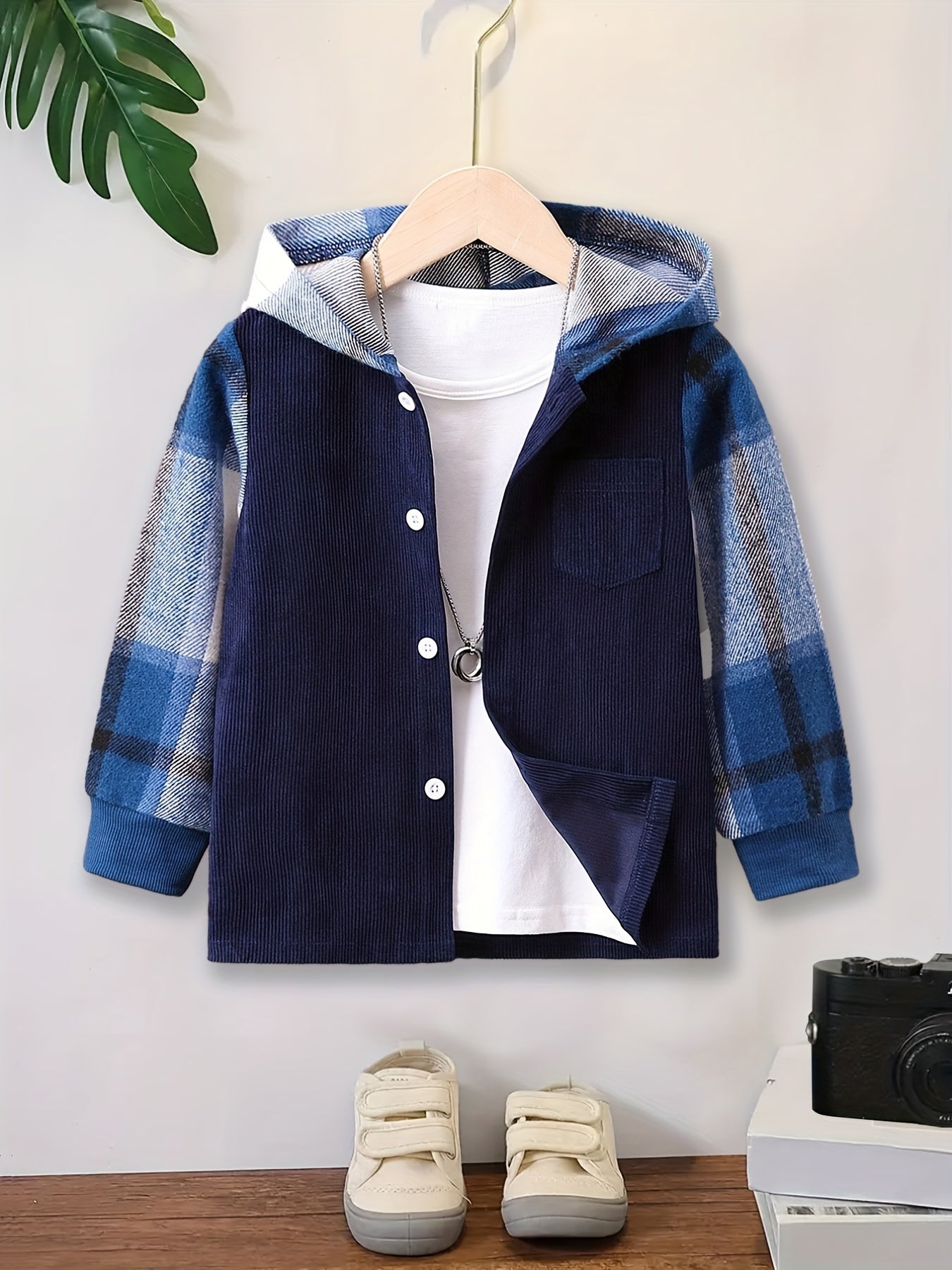 Boys Plaid Hooded Button Down Jacket