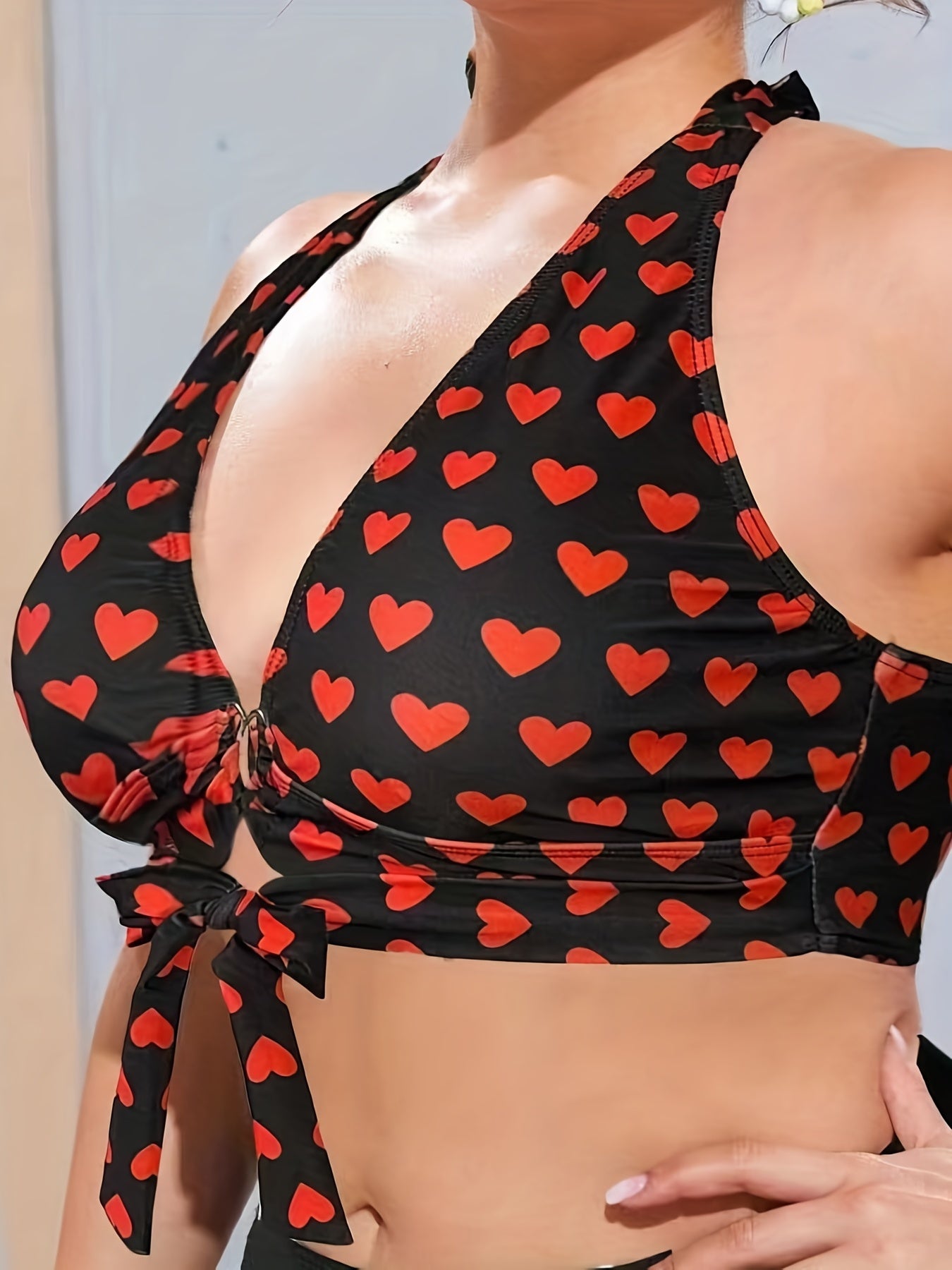 Heart Print Knot Front Heart Ring Top & Panty 2pcs Swimsuit Set