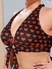 Heart Print Knot Front Heart Ring Top & Panty 2pcs Swimsuit Set