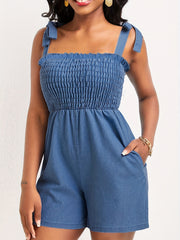 Solid Sleeveless Lace Up Ruched Romper