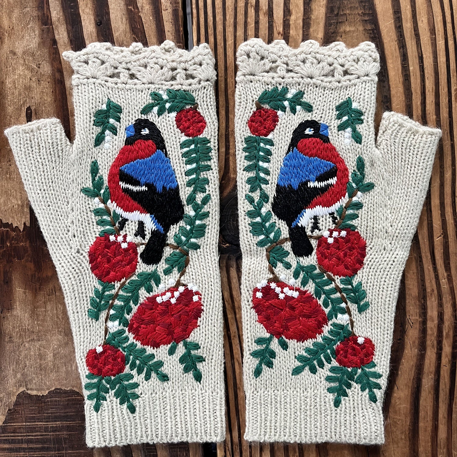 Embroidered Bird Flowers Gloves Arm Warmer Woolen Winter Gloves