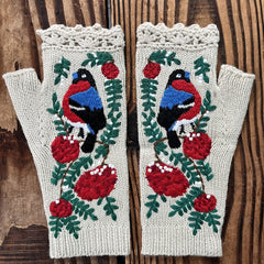 Embroidered Bird Flowers Gloves Arm Warmer Woolen Winter Gloves
