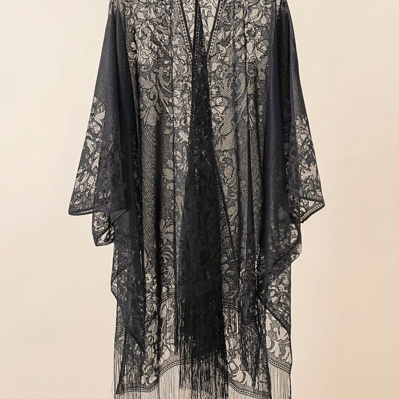 Lace Batwing Sleeve Beach Cover Up with Tassel Trim