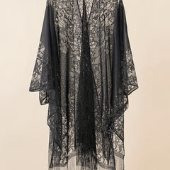 Lace Batwing Sleeve Beach Cover Up with Tassel Trim