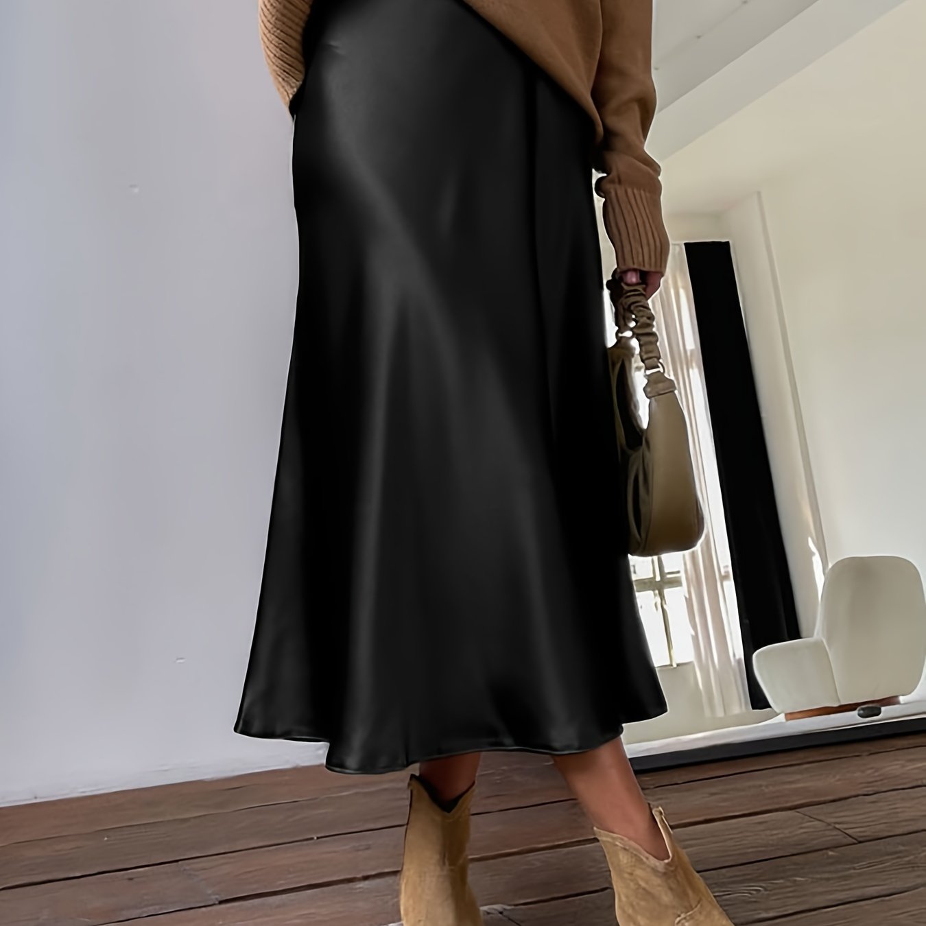 Vintage Satin Maxi Skirt High Waist Summer Casual Solid Retro Style