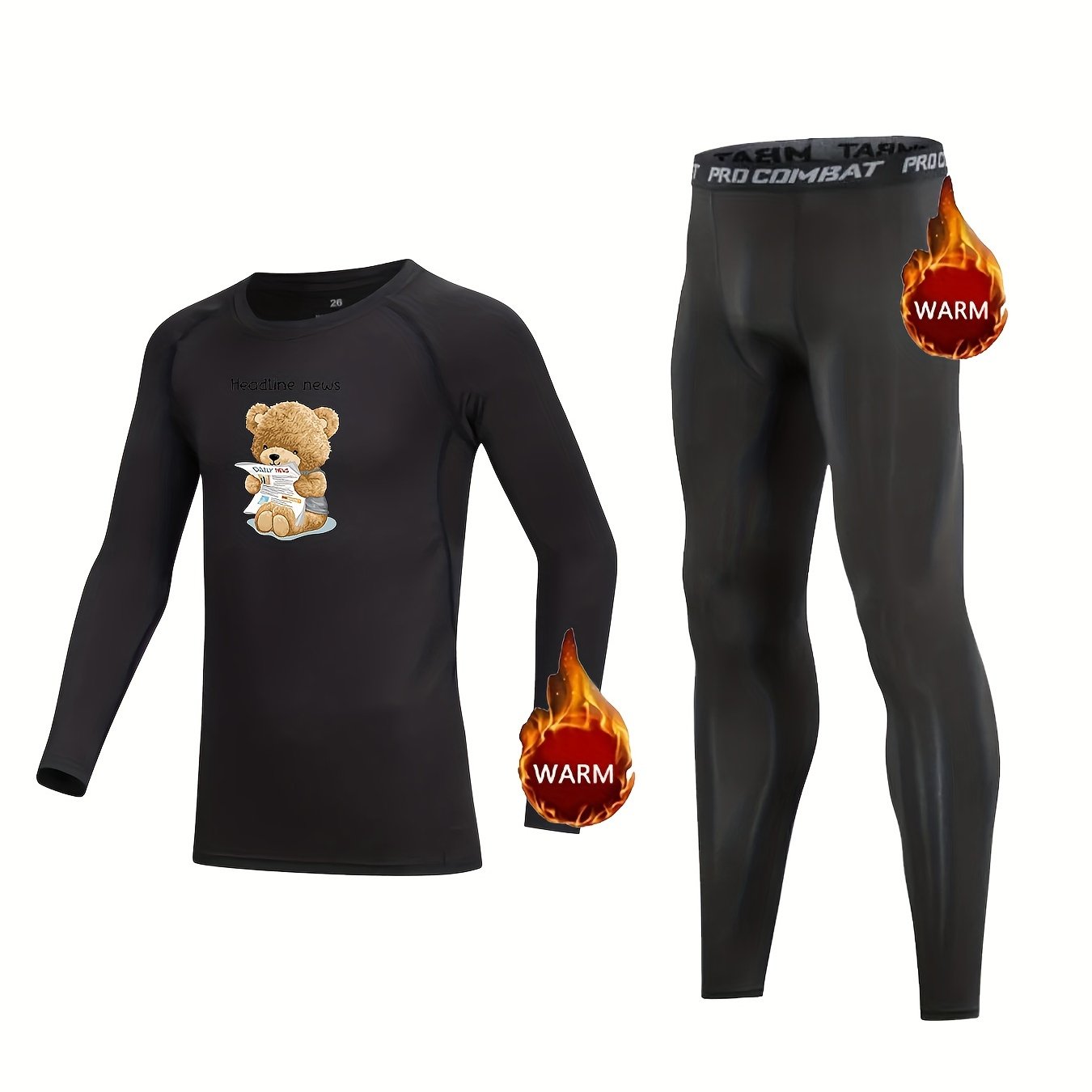 Kids Compression Fleece Sets Bear Pattern Long Sleeve Crew Neck Pullover