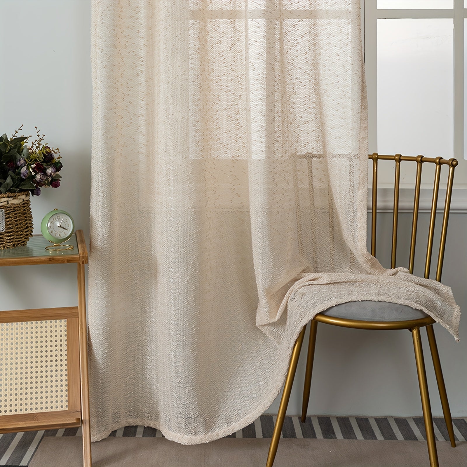 French Golden Jacquard Beige Sheer Curtain Rod Pocket Curtain
