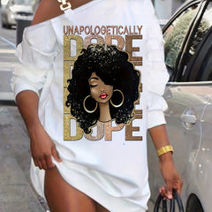 Women's One Shoulder Cartoon Print Long Sleeve Dress