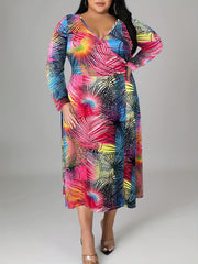 Women's Plus Tropical Print Long Sleeve Surplice Neck Dress