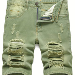 Men's Ripped Denim Shorts with Pockets for Summer