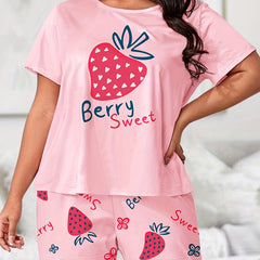 Strawberry & Letter Print Tee & Shorts Pajama Set