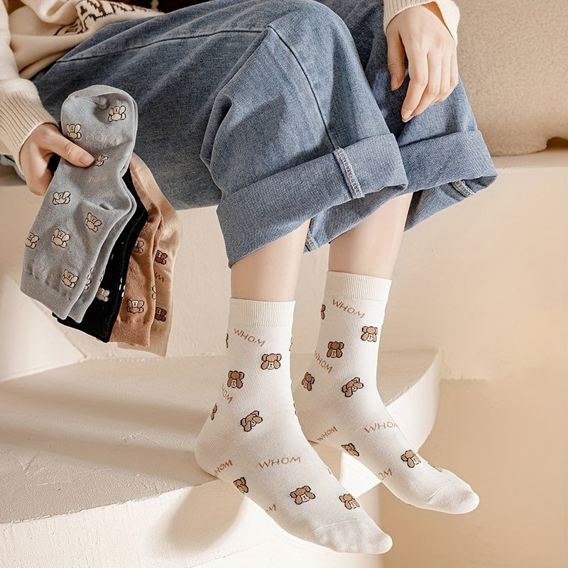 5 Pairs Cartoon Bear Socks Women's Mid Tube Stockings
