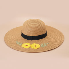 Flower Embroidery Sun Hat Easter Wide Flat Brim Straw Hat Women Beach Travel
