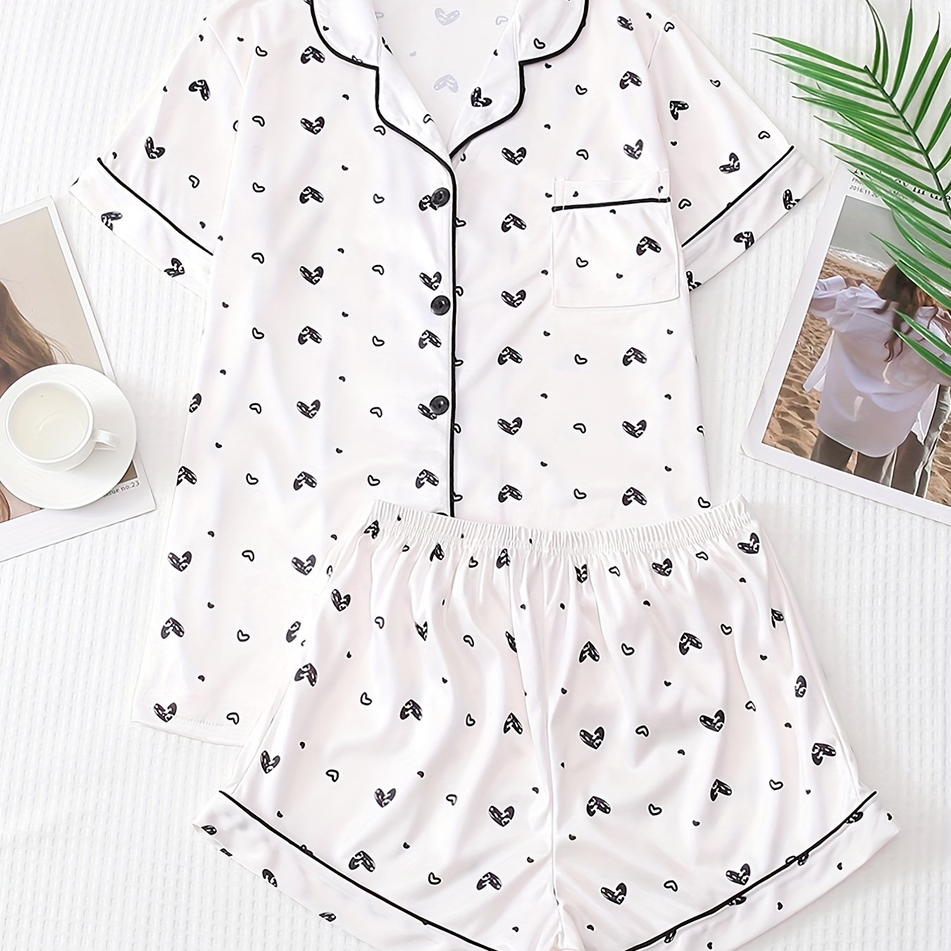 Heart Print Pajama Set Short Sleeve Buttons Top & Elastic Waistband Shorts